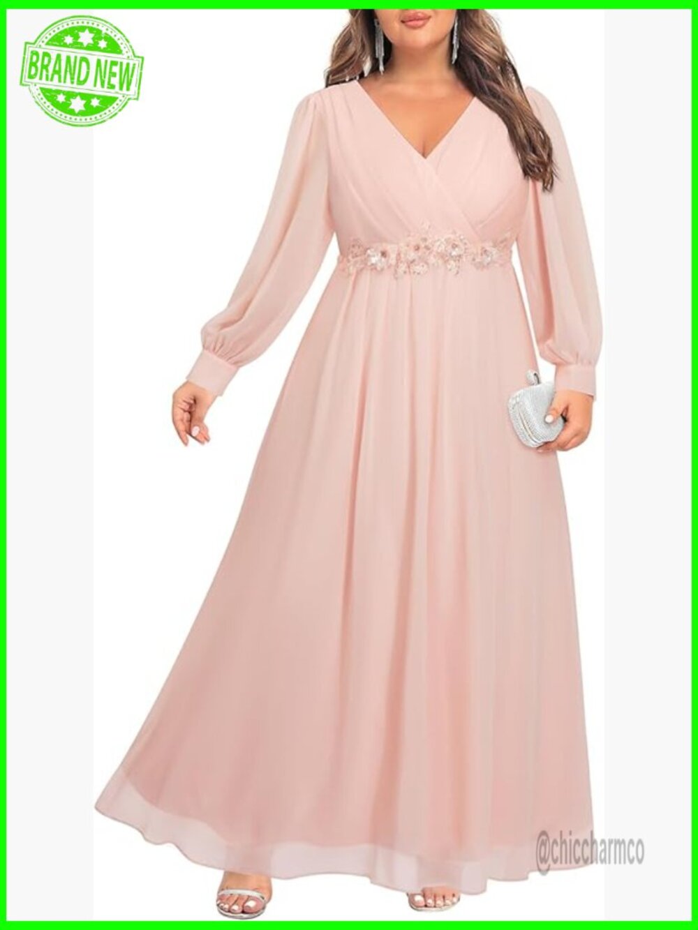 Plus Size Formal Maxi Dress Long Sleeve Chiffon Evening Gown